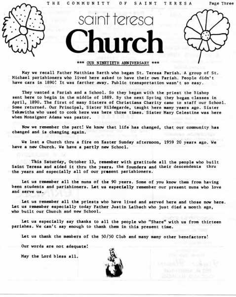 1979 90th anniversary newsletter for St Teresa Parish Chicago
